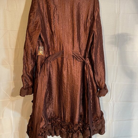 NWT Bronze Satin Trench Coat with Ruffled Trim Size M Rutched - Picture 2 of 3
